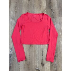 Athleta Transcend Top Womens Medium Coral Pink Long Sleeve Scoop Neck Crop Top
